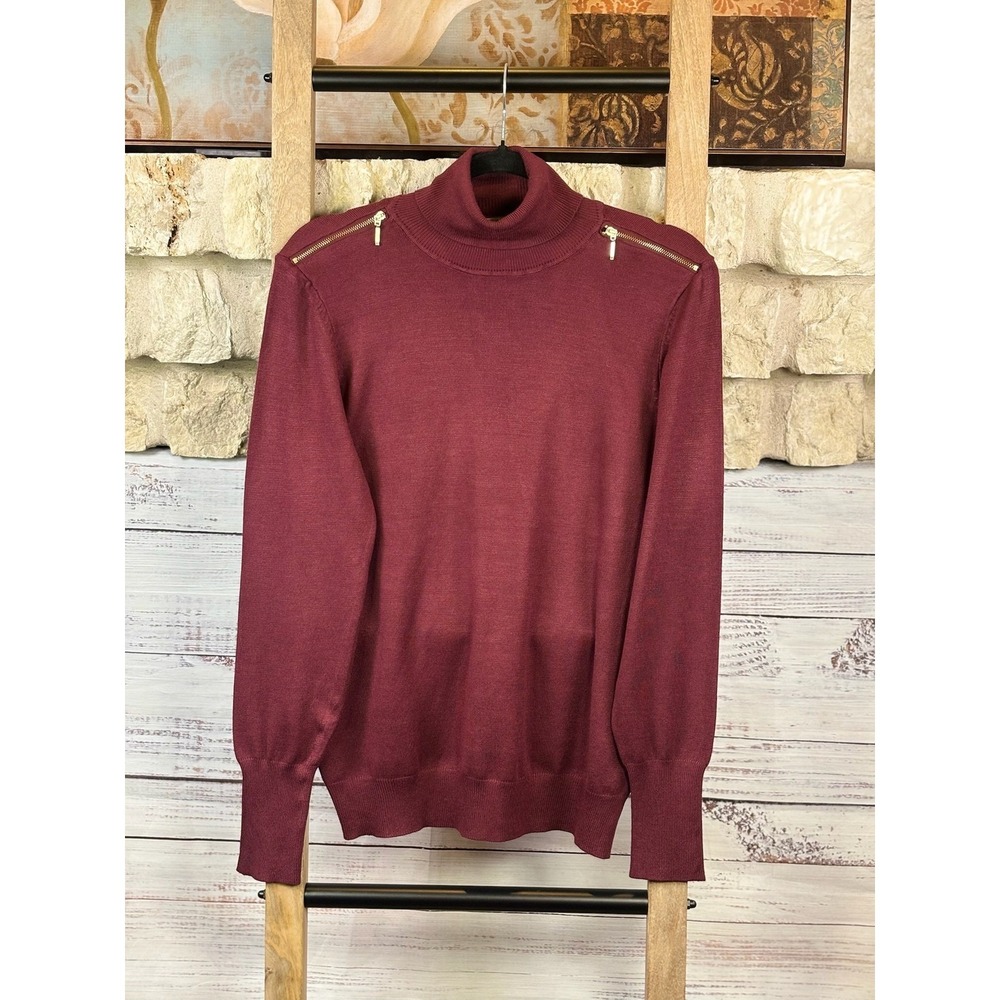 NWT Joseph A Womens Wine Maroon Gold Shoulder Zip Turtleneck Sweater Medium - Picture 4 of 11